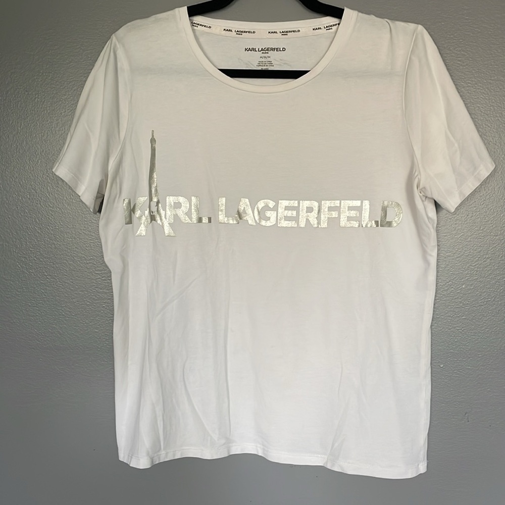 Karl Lagerfeld Paris white logo short-sleeve tee women's size M Eiffel Tower